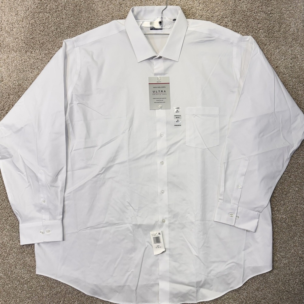 Van Heusen Dress Shirt Mens 20 36/37 Ultra Wrinkle Free White Big Fit NEW